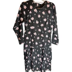 Vintage Black Floral Rose Print Pleated Midi Dress‎ Women's Size 10 STAINS